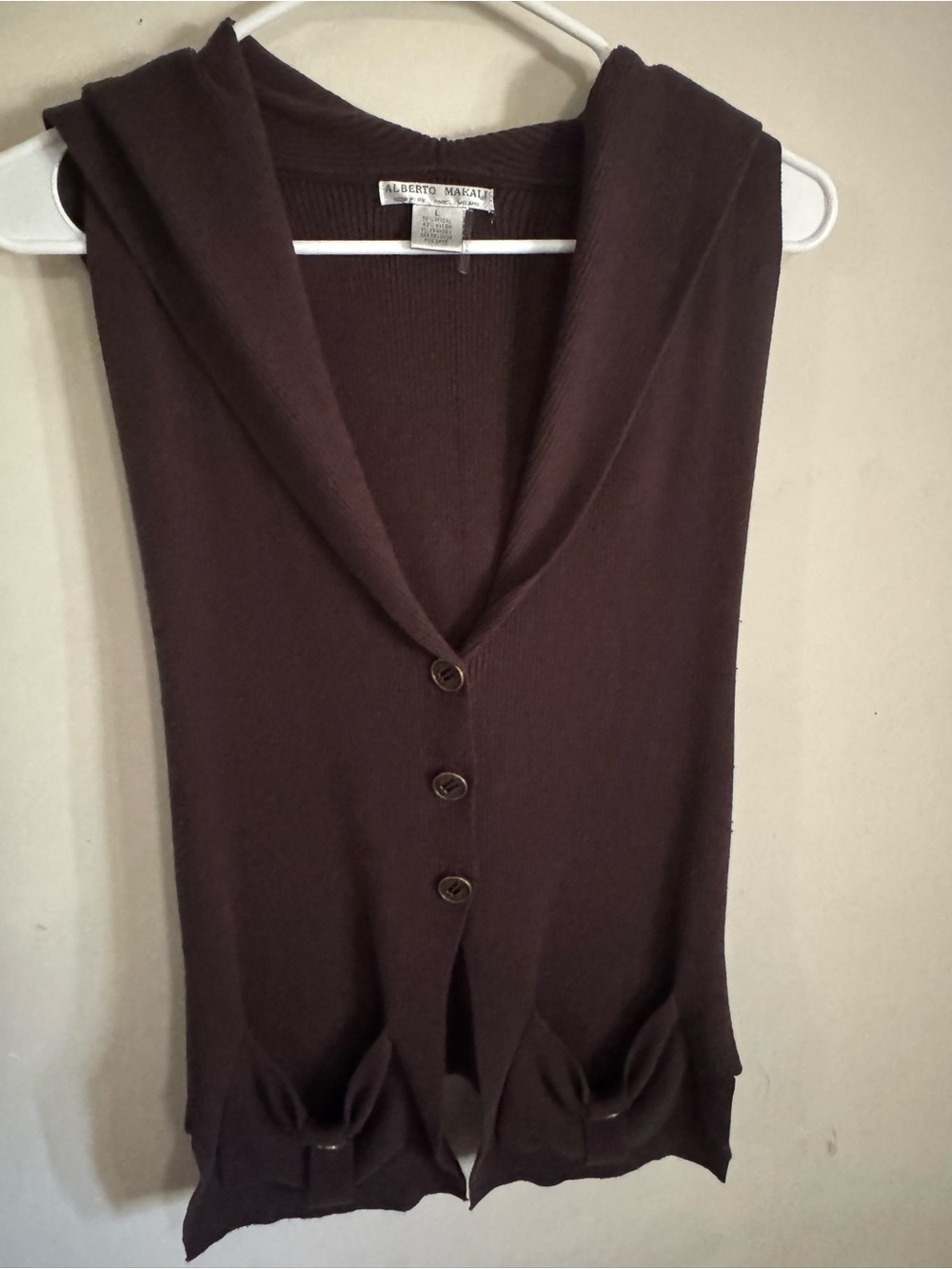 Alberto Makali Dark Brown Sleeveless Hooded Button-Front Top